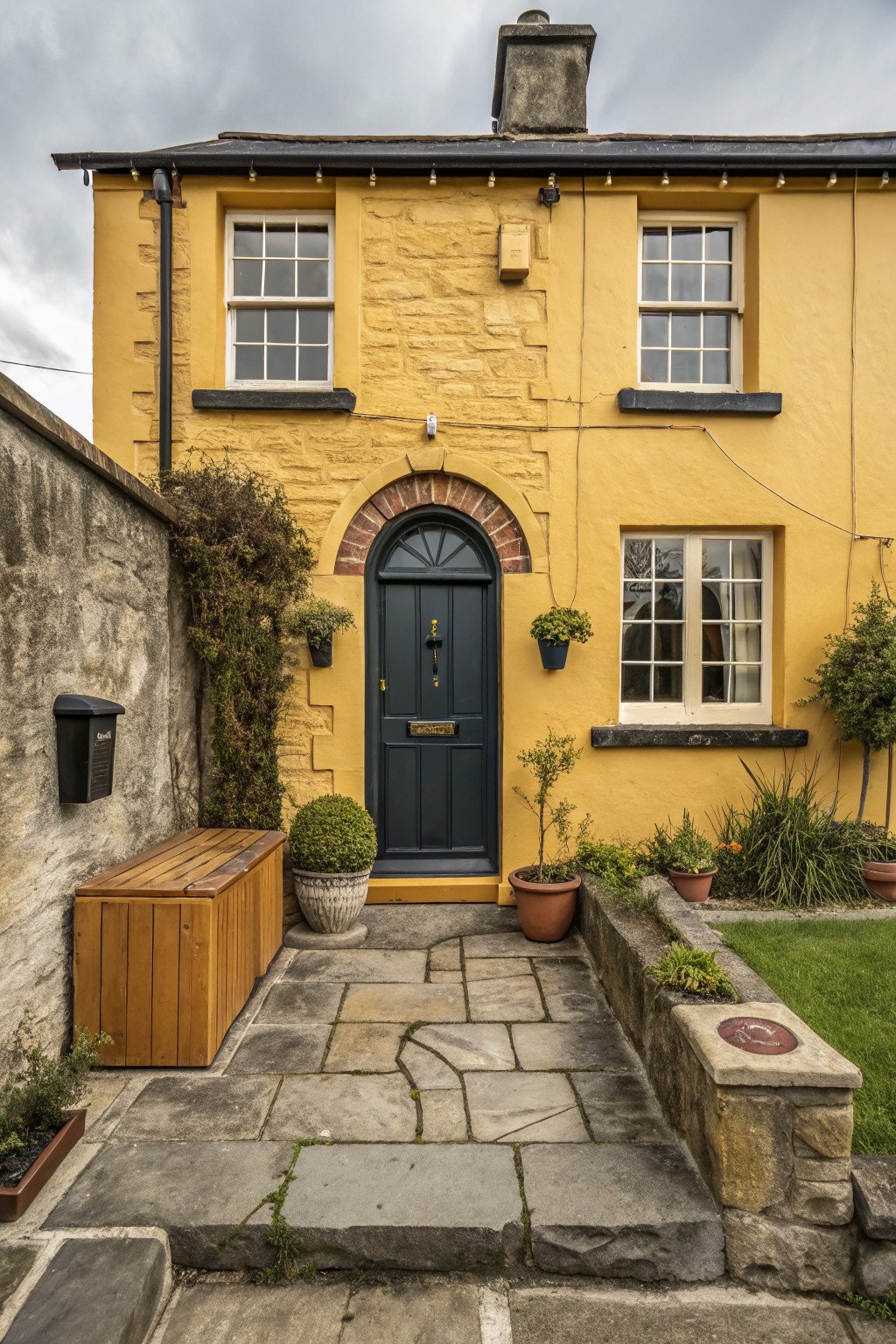 A two-story yellow house with beige stone base and wall accents, arched black front door with brass knocker, white sash windows, hanging basket and potted plants, wooden storage bench, and irregular stone slab pathway.