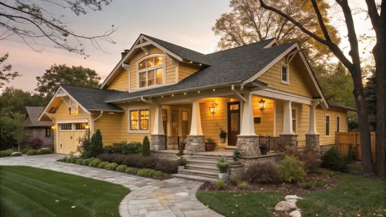 Two-story yellow clapboard house exterior with covered front porch supported by tall stone pillars, stone accent walls at corners and entry, brick paver pathway edged with plants, landscape lighting, and trees at dusk.