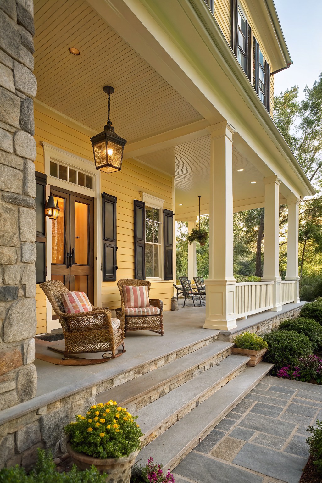 Yellow clapboard house with fieldstone accent wall on left, white columned porch holding two wicker rocking chairs, lantern lights, double front door, stone slab steps leading to bluestone path, and potted plants nearby.