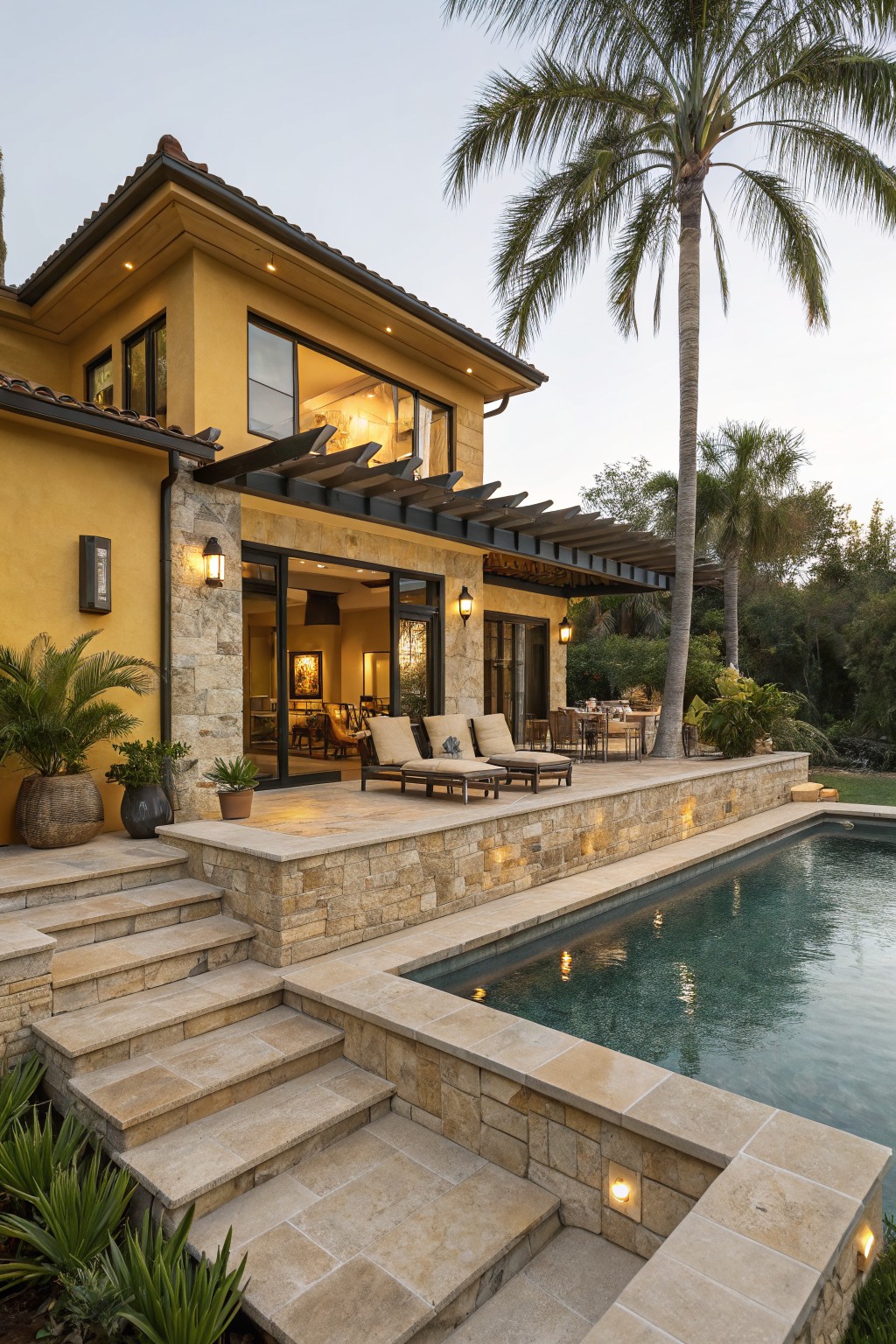 Back view of a yellow stucco house with stone base and retaining wall, wooden pergola over terrace with lounge chairs and dining table, stone steps leading to turquoise pool edged in stone, palm trees and plants around at dusk.