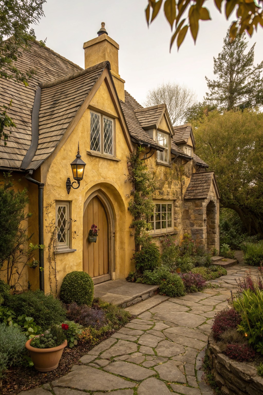 Yellow stucco cottage exterior with arched wooden door, stone porch and accents, lantern light, flagstone path, and surrounding plants and shrubs.