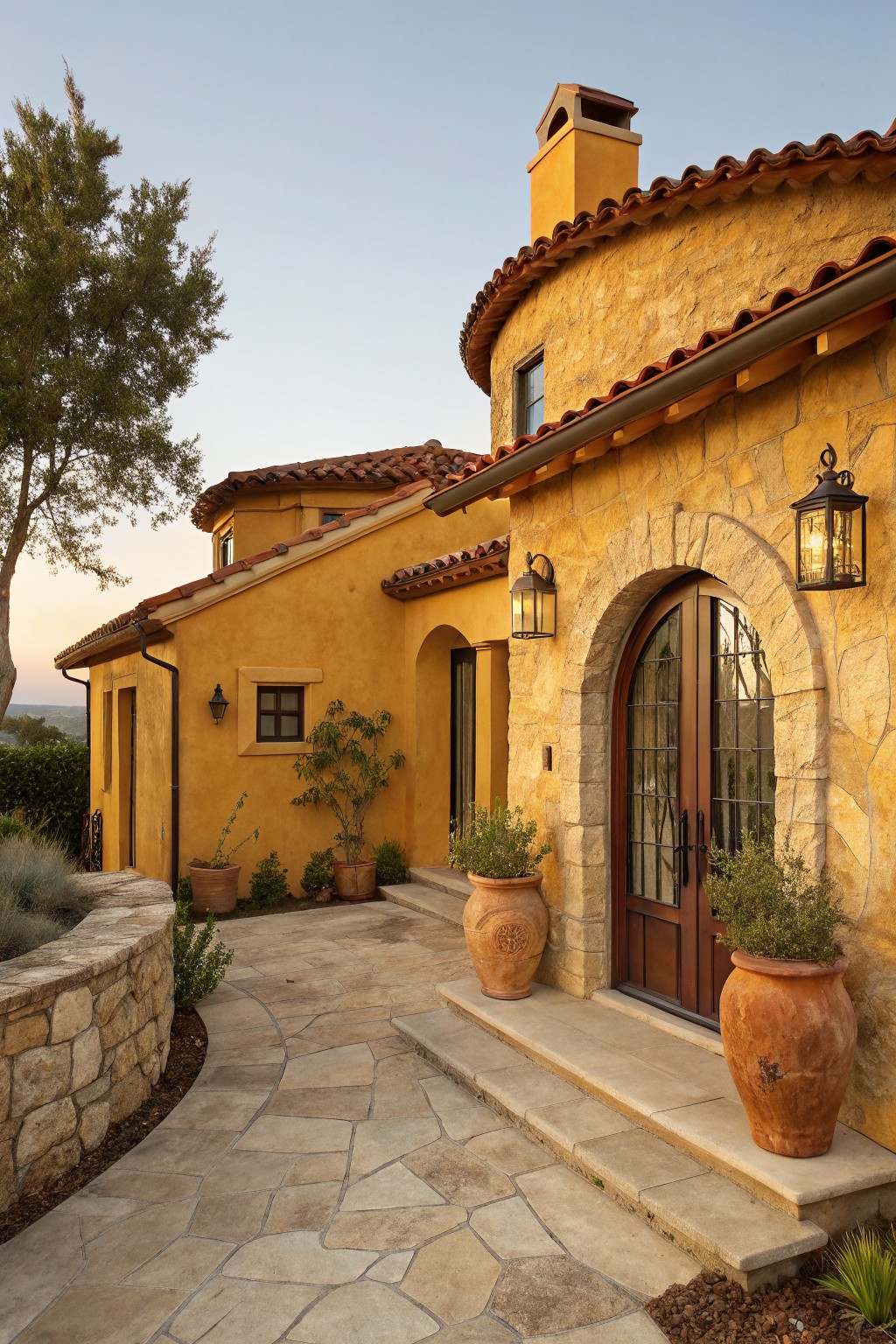 Yellow stucco house exterior with curved terracotta tile roof, stone archway framing double wooden doors, wrought iron lanterns, large terracotta planters, stone pathway, and low plants at dusk.