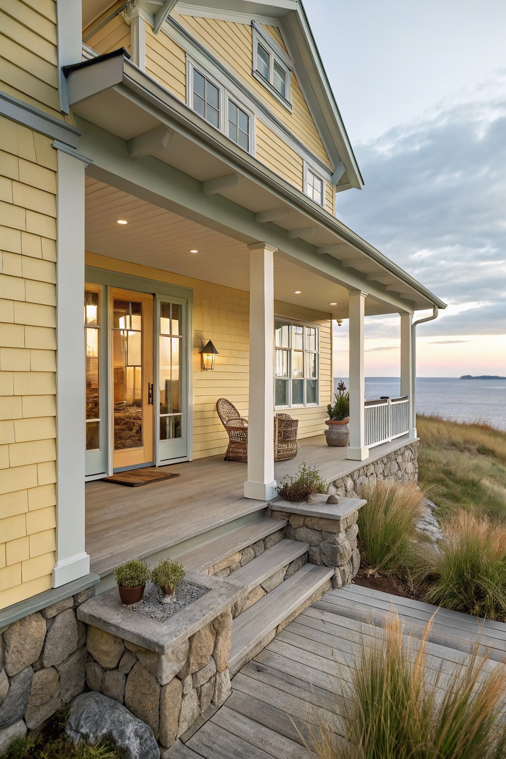Yellow shingled house exterior with white porch columns, green door, stone foundation and steps, potted plants, and ocean view in background.