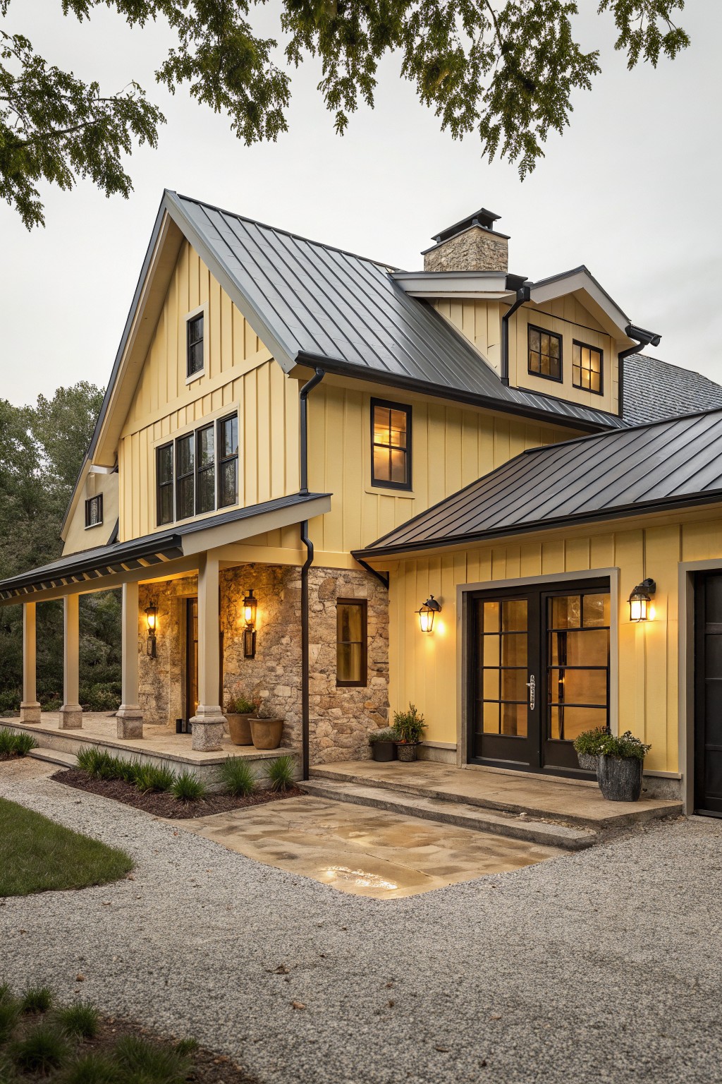 Two-story yellow board-and-batten house with black metal roof, stone foundation and chimney, covered porch with columns and lanterns, glass garage doors, gravel path, and plantings.