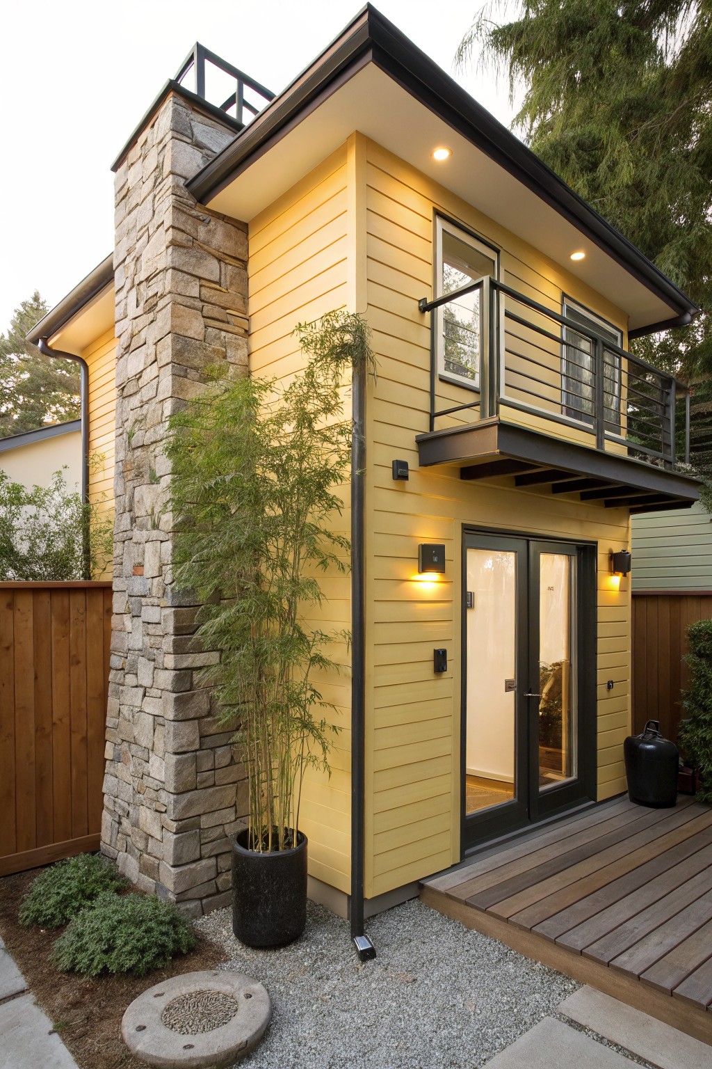 Compact two-story yellow clapboard house with tall stone chimney, metal balcony railing, glass entry doors, bamboo plant, black pots, gravel ground cover, and wooden deck in a backyard setting.