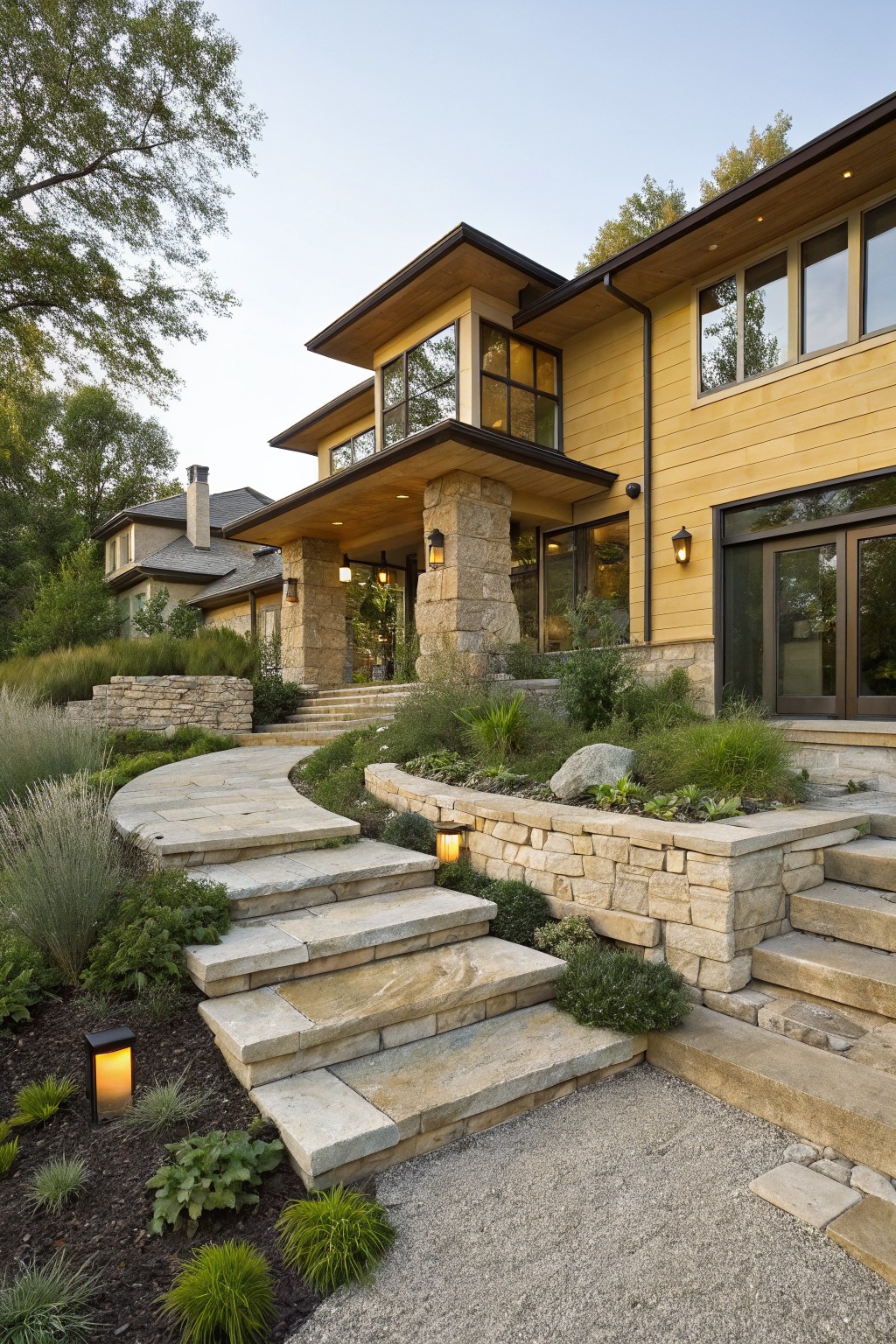 Yellow wooden house exterior with stone pillars, steps, and a curving flagstone path leading to glass doors, bordered by stone retaining walls and low plants.