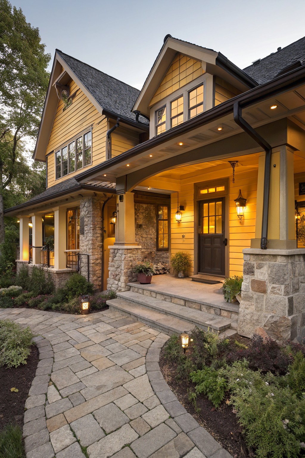 Two-story yellow clapboard house exterior with covered front porch supported by tall stone pillars, stone accent walls at corners and entry, brick paver pathway edged with plants, landscape lighting, and trees at dusk.