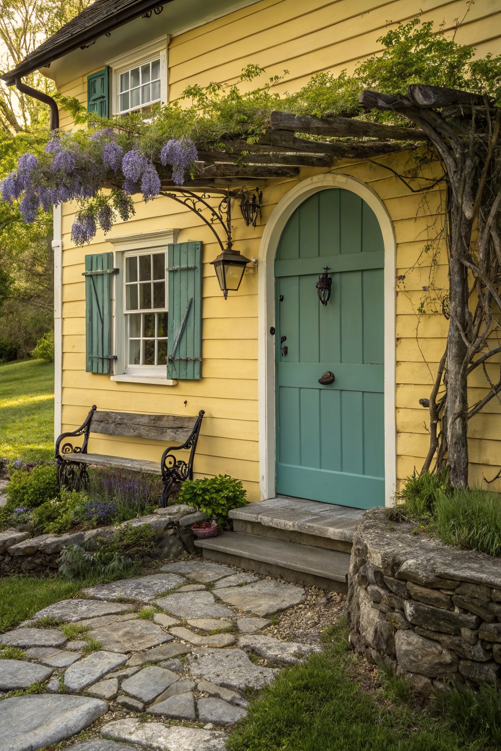Yellow clapboard house exterior with arched turquoise front door, green shutters, purple wisteria trellis, weathered iron bench, stone steps, flagstone path, and low stone retaining wall with plants.
