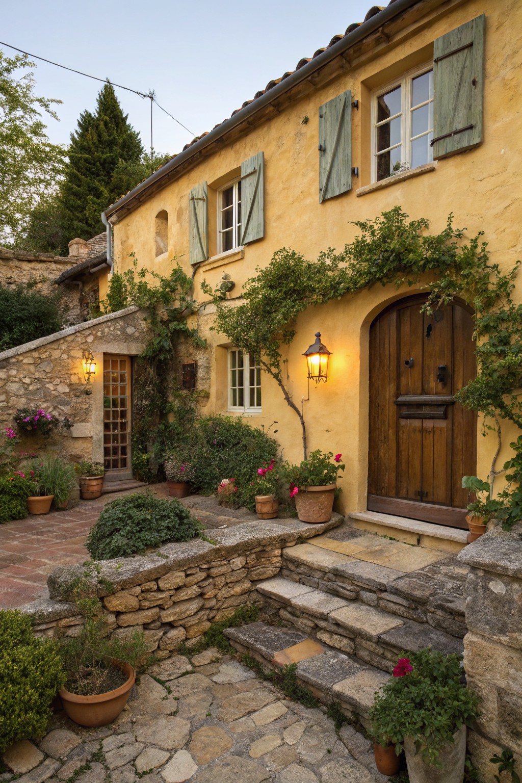 Yellow stucco house exterior with green shutters, arched wooden front door, stone steps and retaining walls, climbing vines, potted plants, and wall lanterns.