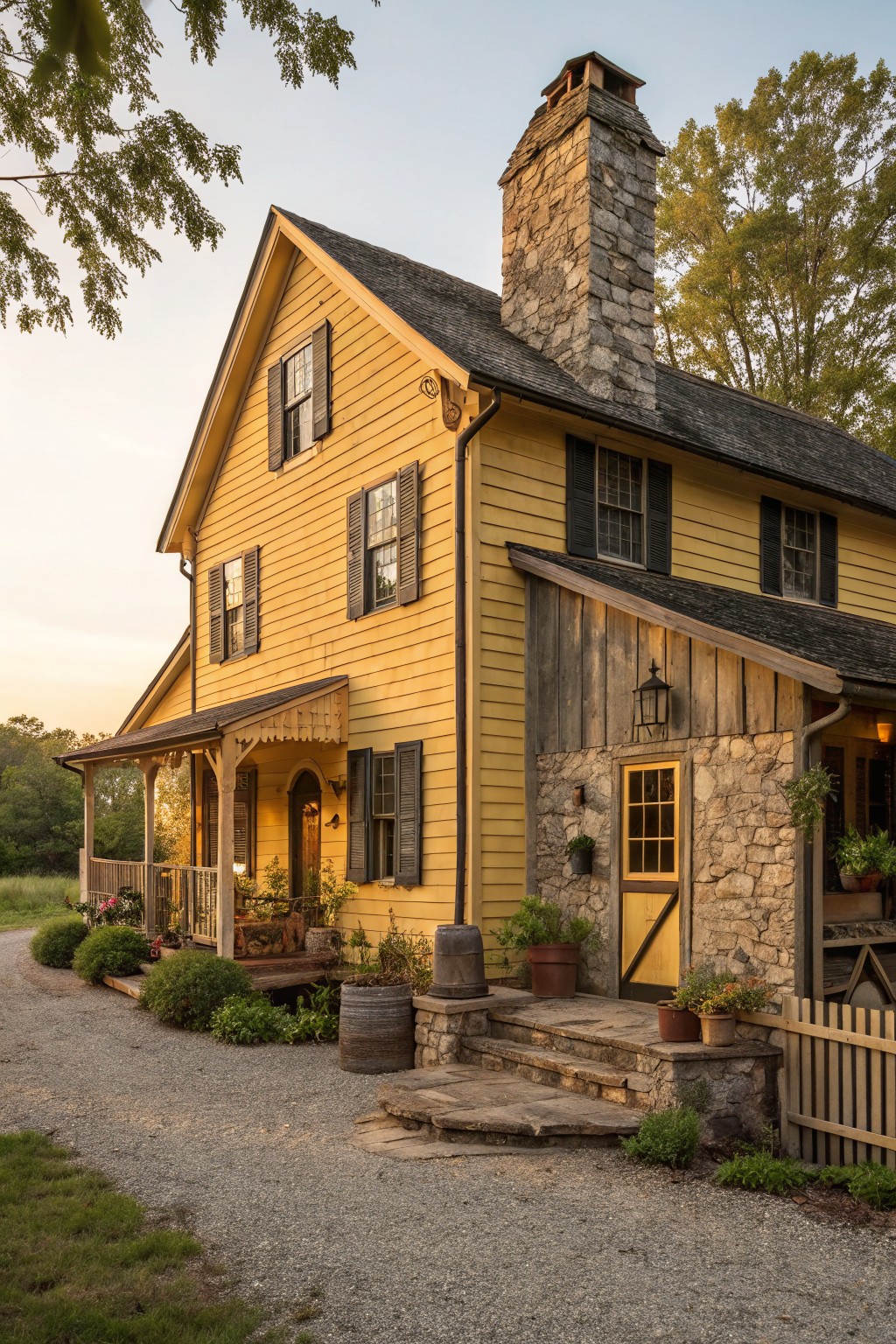 Two-story yellow clapboard house with black shutters, tall stone chimney, stone-based porch entry with yellow door, wooden accents, potted plants, gravel path, and picket fence in evening light.