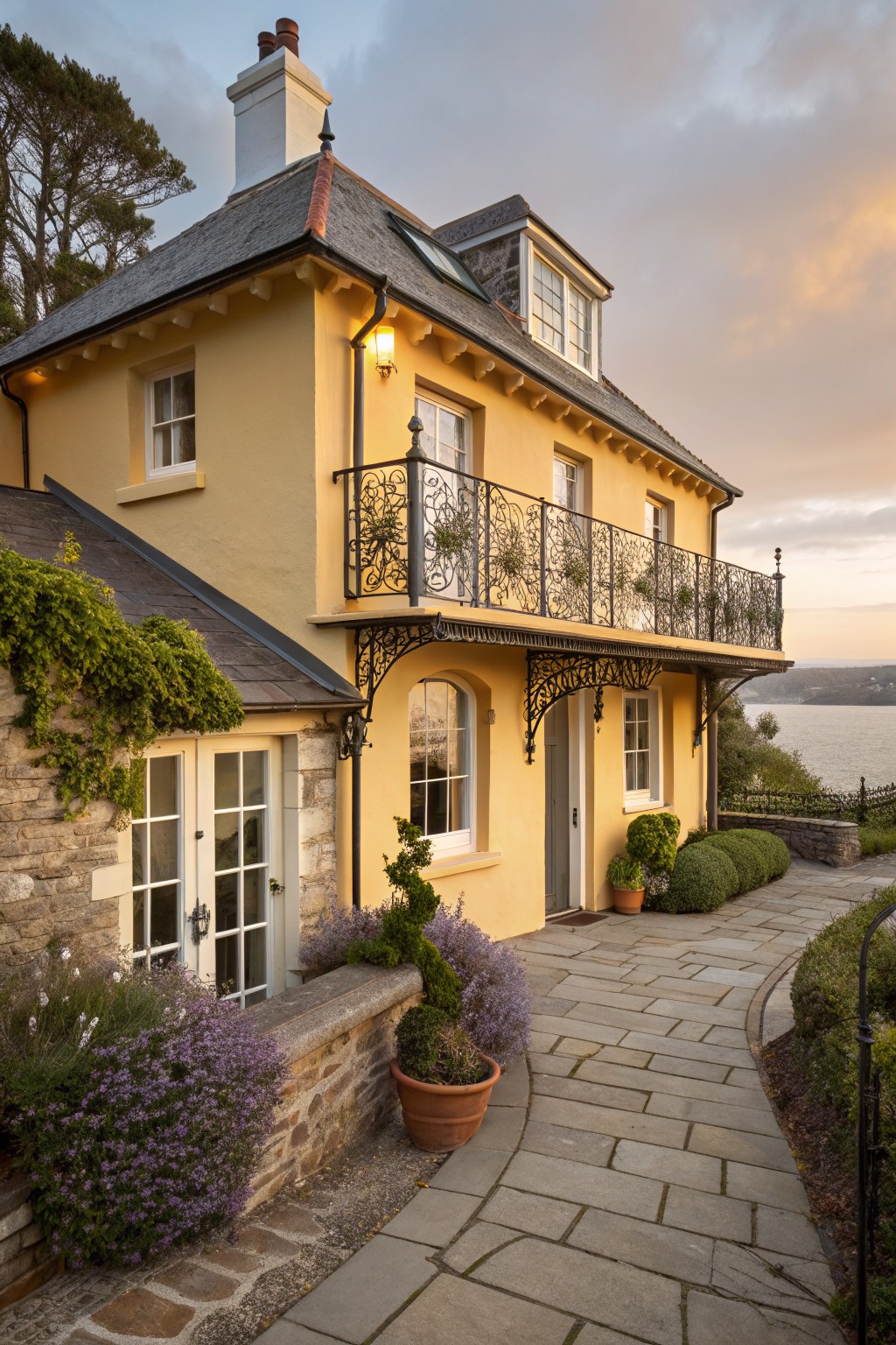 Two-story yellow house with stone lower walls and base, wrought-iron balcony, potted plants along a stone path to the entrance, and a sea view in the background at dusk.