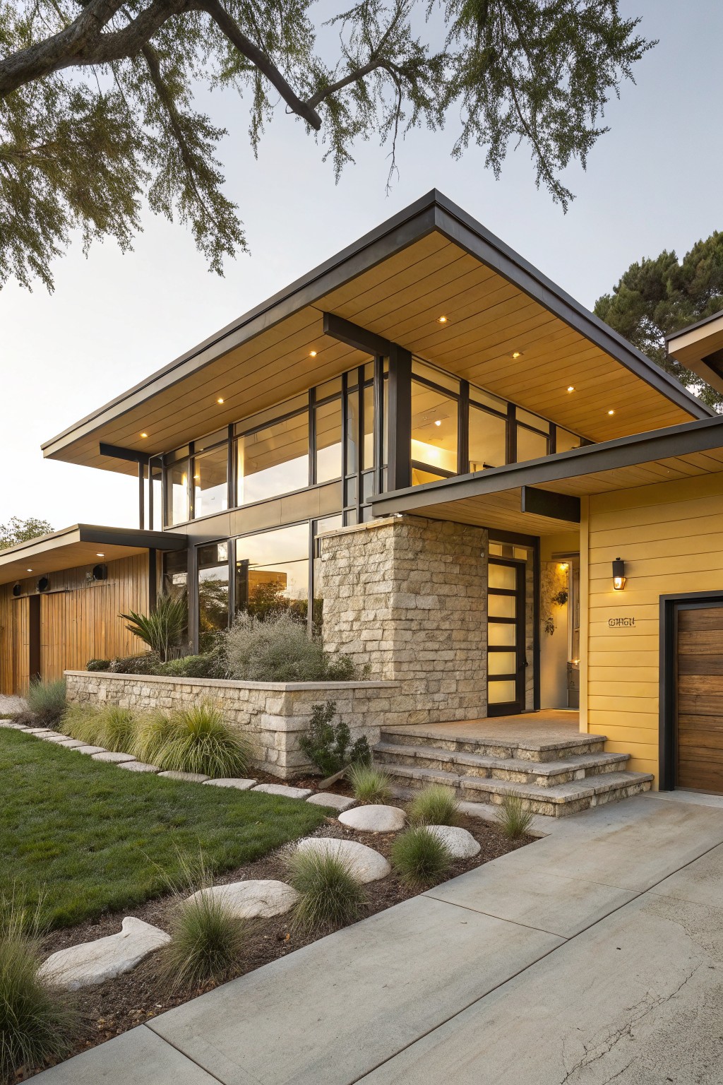 Modern yellow-sided house exterior featuring black metal frames around large windows, a stone entry wall and steps, wood garage door, and low native plants along the front yard path.