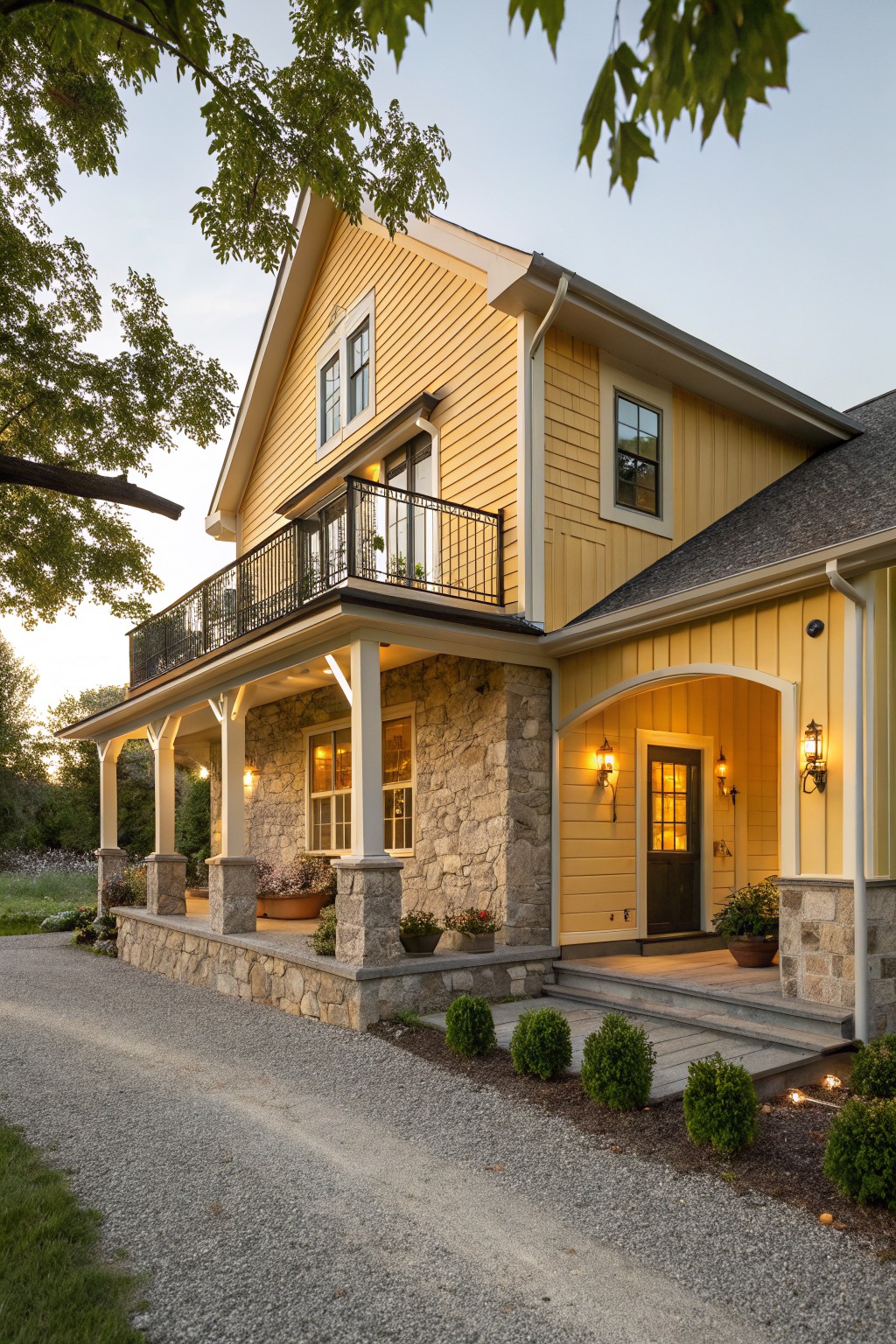 Two-story yellow clapboard house with gabled roof, metal-roofed balcony, wraparound porch on stone pillars and base, gravel driveway, shrubs, potted plants, and trees in evening light.