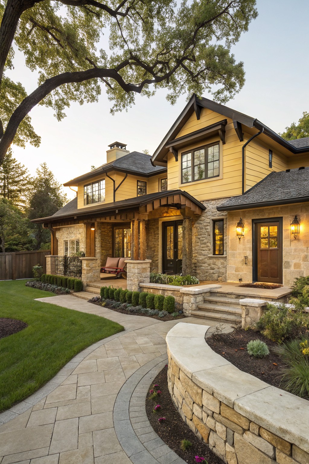 Two-story yellow clapboard house with dark shingled roof, stone foundation and pillars supporting a covered front porch with swing and glass door, curved stone retaining wall along a winding paver path, landscaped yard with trees and shrubs.