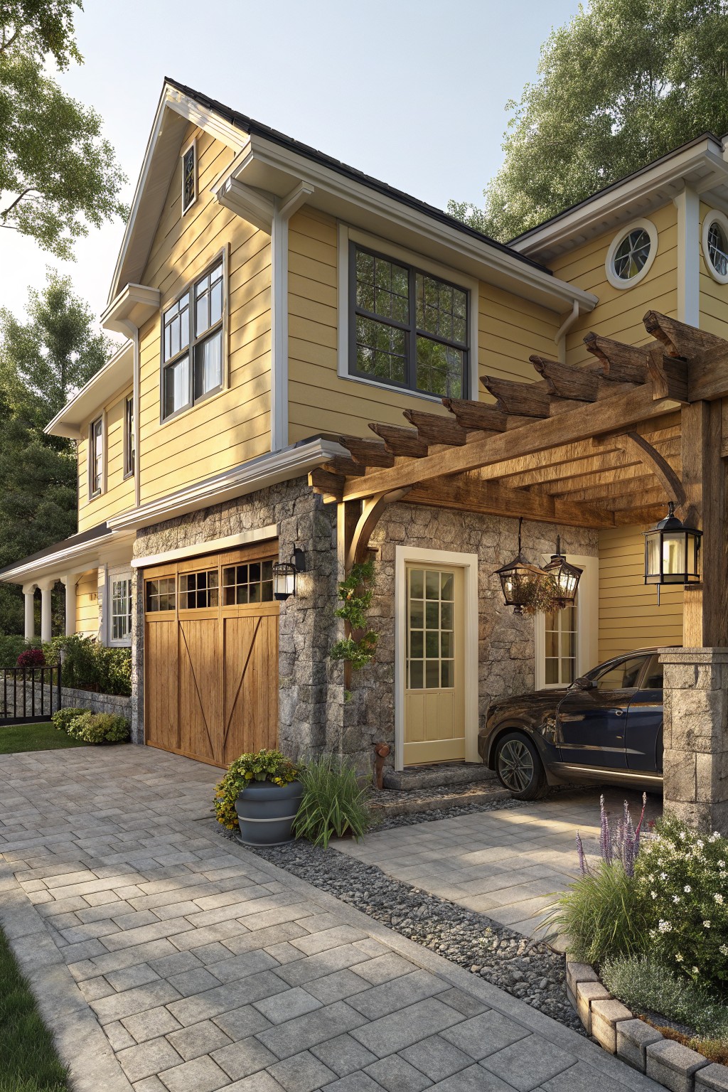 A two-story yellow clapboard house exterior with a side garage featuring wooden double doors, stone accent walls, wooden pergola overhead, yellow side door, lanterns, paver driveway, and surrounding plants and trees.