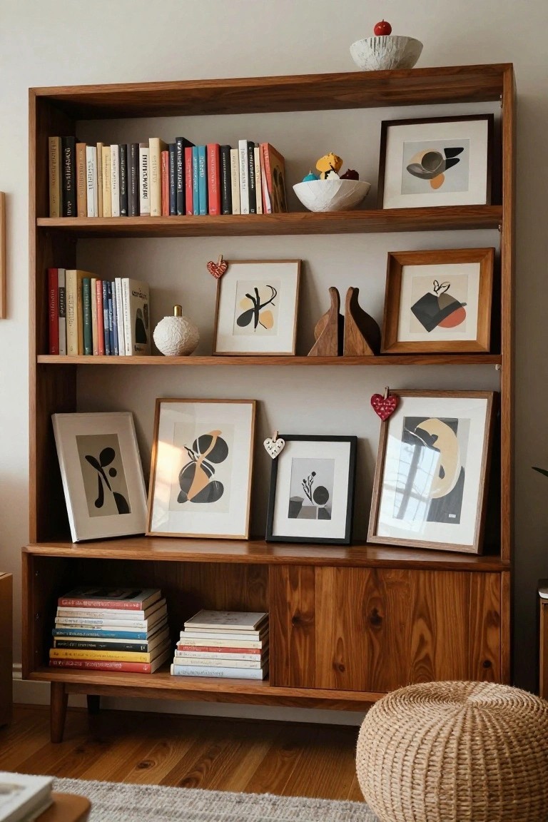 Wooden open bookshelf with colorful books, abstract black-and-white art prints in frames, ceramic vases and bowls, wooden birds, red heart clips, and stacked books in the lower cabinet, next to a woven pouf in a light room with hardwood floors.
