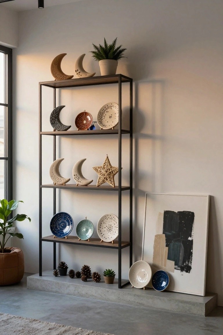 Black metal open shelving unit displaying white ceramic crescent moons, a woven star ornament, patterned plates in white blue and green, small potted plants, pinecones, and bowls on concrete base in a modern room with window plants and abstract framed art.