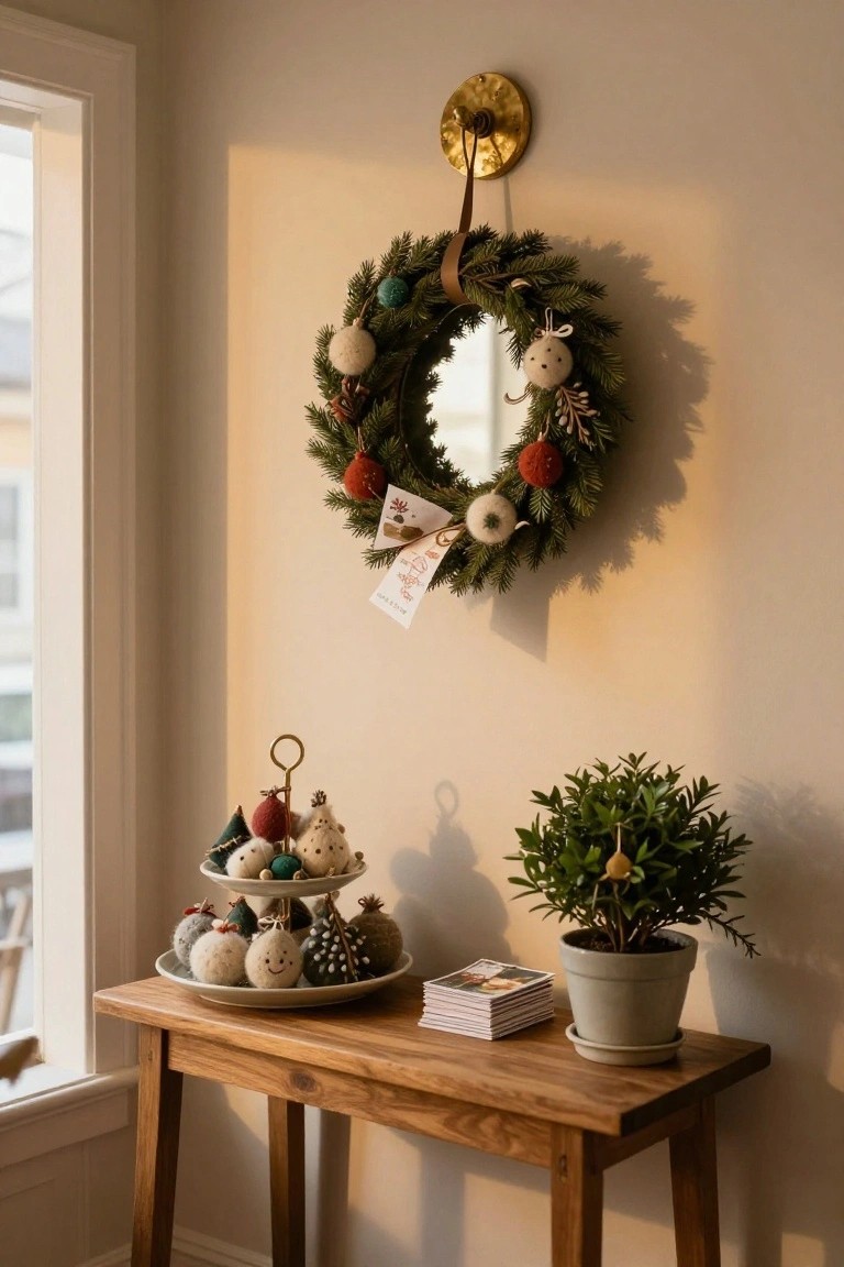 Wooden console table in a beige room corner with a white two-tiered stand holding assorted handmade felt and wool Christmas ornaments, a potted plant nearby, and a evergreen wreath with mirror and decorations hanging on the wall by a window.