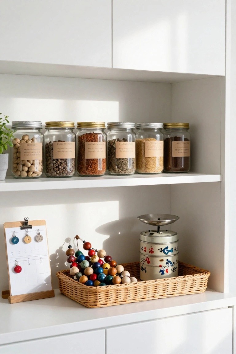 White open kitchen shelves displaying labeled glass jars filled with beans, spices, grains, and powders, a wicker basket of multicolored wooden beads, a metal kitchen scale, a decorative tin canister, a small plant, earrings on a wooden calendar board, and hanging bead necklaces.