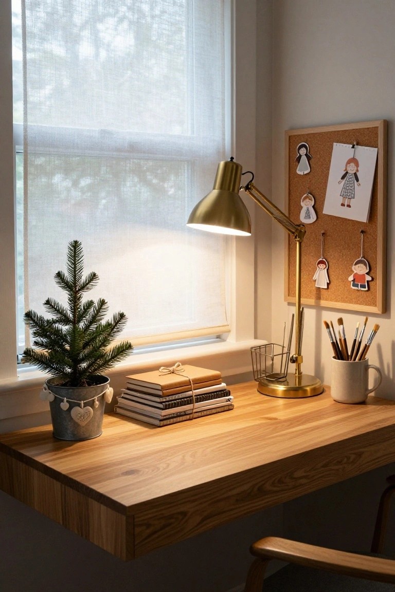 Wooden desk with gold desk lamp, stack of wrapped books, paintbrushes, mug, small potted Christmas tree in galvanized pot, and corkboard with pinned handmade paper angel and figure ornaments, next to window with sheer curtains.