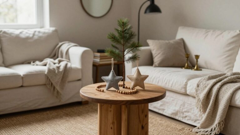 23 Handmade Christmas Ornament Ideas That Capture Holiday Spirit Wooden side table in a light living room holds a small potted pine tree, stacks of books, brass candlesticks, beaded garland, shell, and felt star and bird ornaments, positioned beside a beige linen sofa with floor lamp and jute rug nearby.