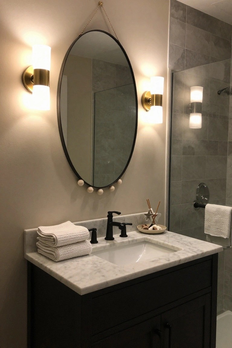 Bathroom with black vanity cabinet topped by white marble, round black-framed mirror hung with white pom pom garland, gold cylinder sconces, stacked white towels, and gray tile shower enclosure.