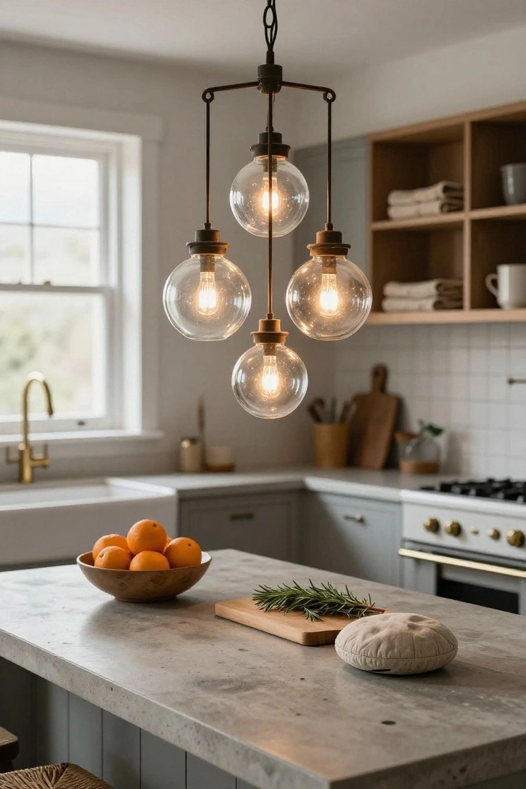 A modern kitchen island topped with a wooden bowl of oranges, rosemary sprigs on a cutting board, and a beige bread pouf, lit by a four-globe bronze pendant fixture, with gray cabinets, white subway tile walls, and a farmhouse sink nearby.