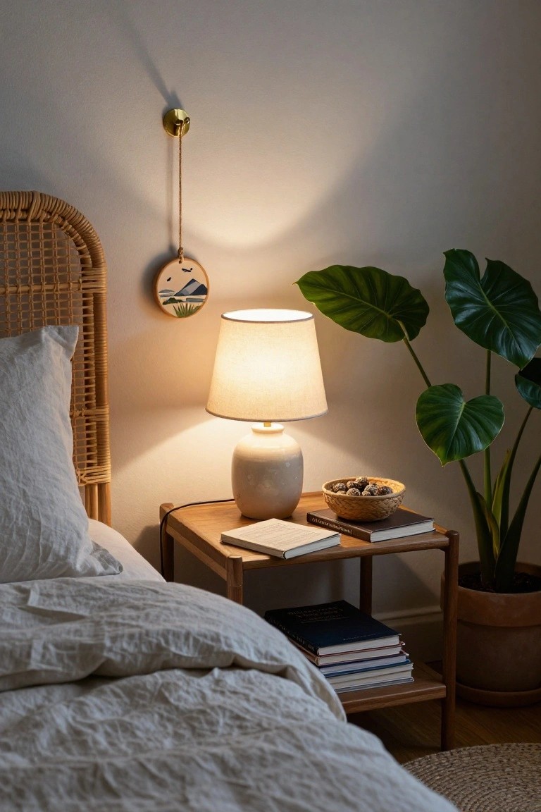 Bedroom corner with rattan headboard bed, wooden nightstand holding ceramic lamp, open book, stacked books, basket of round nuts, potted leafy plant, and embroidered wooden disk hanging on wall showing landscape scene.