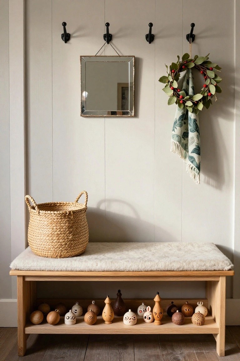 Entryway with light gray shiplap walls, black coat hooks, round mirror, green and white hanging towel, berry wreath, wicker basket on a cushioned wooden bench, and shelf below holding various wooden and ceramic figurines.