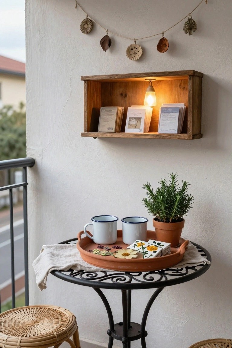Balcony corner with white wall, wooden open shelf holding papers and lit bulb, natural garland of shells and woven pieces hanging above, round metal table with two enamel mugs, rosemary plant in terracotta pot, flower-decorated tray, and two rattan stools.