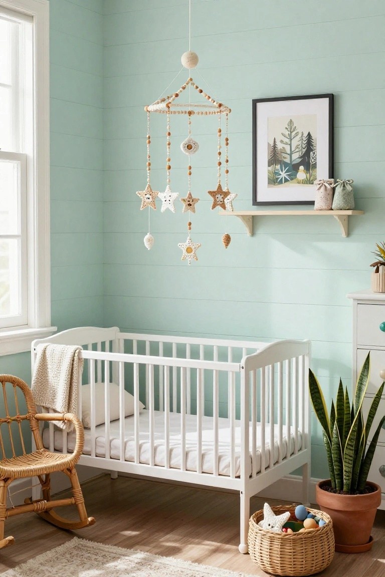 Bright nursery with a white crib, star mobile, and beige rocking chair against mint walls.