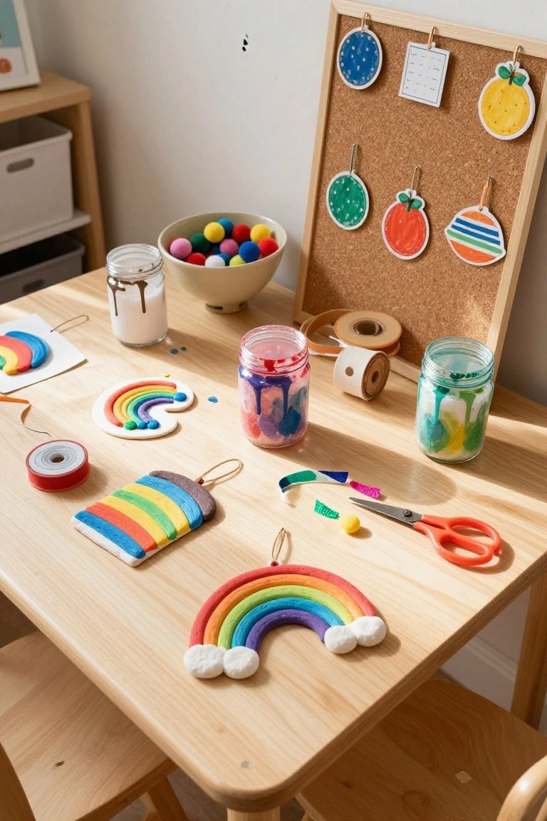 Wooden kids table holding colorful clay rainbow ornaments with pom pom clouds, paint jars, pom poms in a bowl, scissors, ribbons, and a nearby corkboard with fruit and circle shaped hanging crafts.