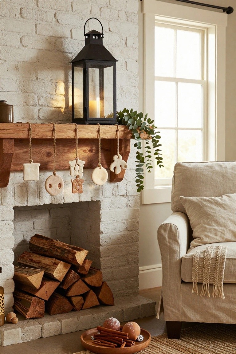 White brick indoor fireplace with wooden mantel hanging several white clay ornaments shaped like gingerbread figures, stars, and geometric forms on rope, black metal lantern with candle, eucalyptus trailing from pot, stacked firewood, linen armchair, and wooden tray with cinnamon sticks on floor.