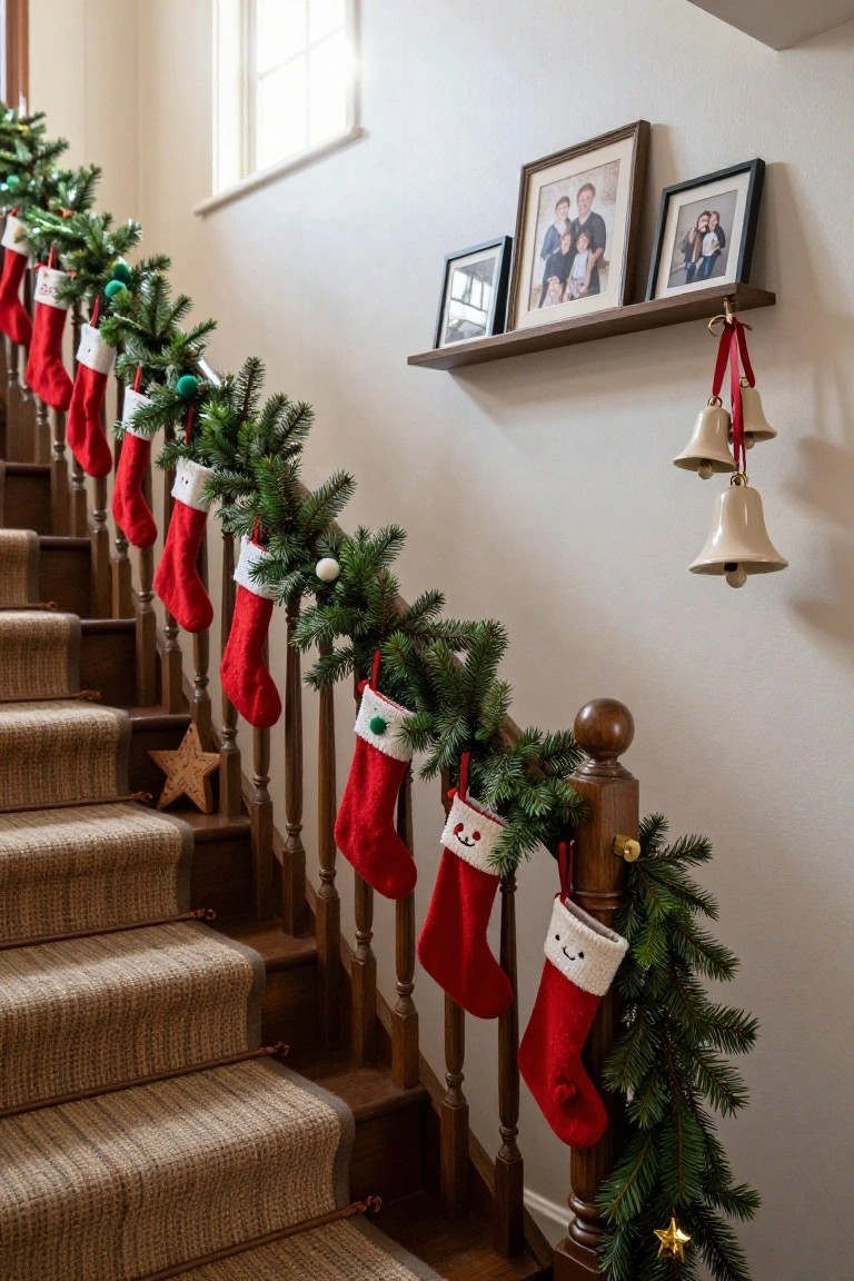 Carpeted wooden staircase with red Christmas stockings hanging from the railing, wrapped in green garland with berries and bells, family photos on wall shelves nearby.