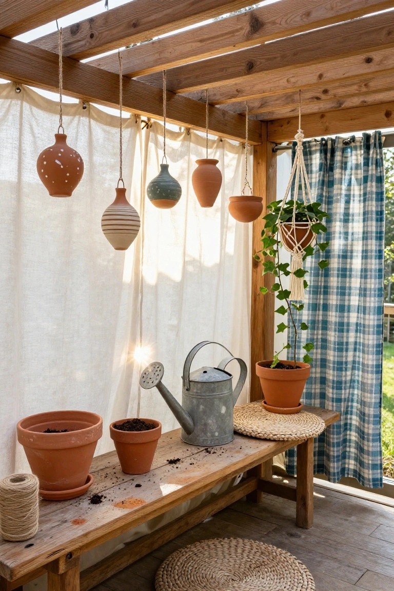 Wooden pergola with hanging terracotta pots in various shapes, some dotted and striped, white curtains, plaid drapes, macrame ivy plant, watering can and clay pots with soil on a wooden bench, straw mats on floor.