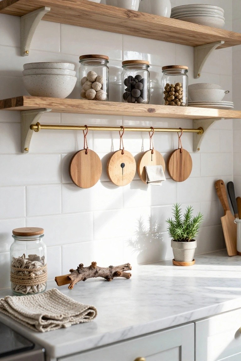 Kitchen interior with open wooden shelves holding white dishes and glass jars filled with beans, nuts, and olives, wooden discs hanging from a brass rod on white subway tile wall, marble countertop with jars, driftwood, plant, and linens.