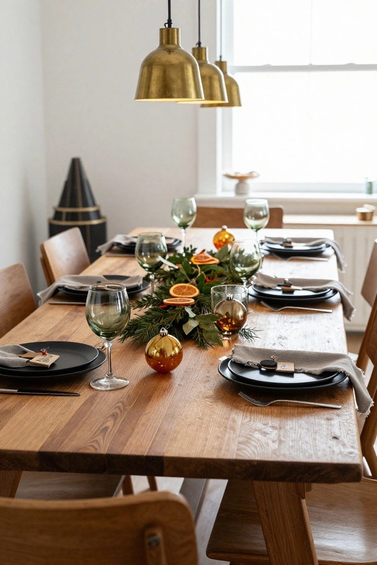 Wooden dining table set with black plates, glassware, linen napkins with tags, and a centerpiece of sliced oranges, holly, pine branches, and gold ball ornaments under three brass pendant lights in a white-walled room.