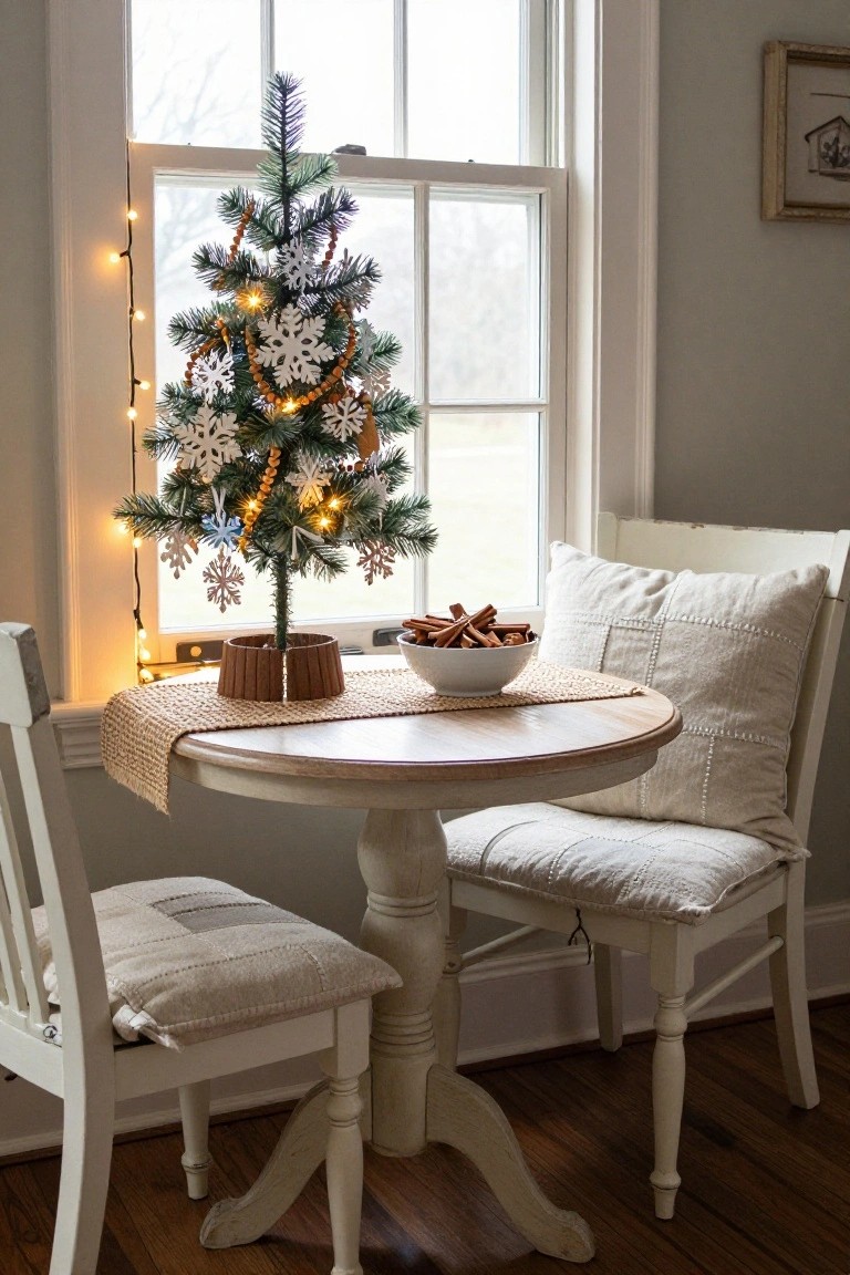 Small artificial Christmas tree decorated with white paper snowflakes, orange bead garlands, and lights positioned by a window next to a round pedestal table holding a white bowl of cinnamon sticks, flanked by two white upholstered chairs in a pale gray room with hardwood floors.