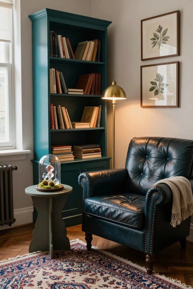 Cozy interior corner with teal bookshelf filled with books, black tufted leather armchair with throw blanket, brass arc lamp, green side table holding glass dome terrarium with moss balls and crystal ornaments, and Persian rug on wood floor.