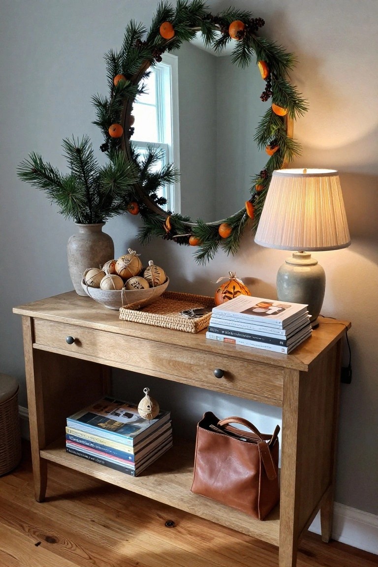 Wooden console table with books, lamp, decorative bowl, and a round wreath.