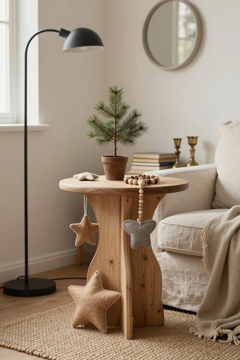 Wooden side table in a light living room holds a small potted pine tree, stacks of books, brass candlesticks, beaded garland, shell, and felt star and bird ornaments, positioned beside a beige linen sofa with floor lamp and jute rug nearby.