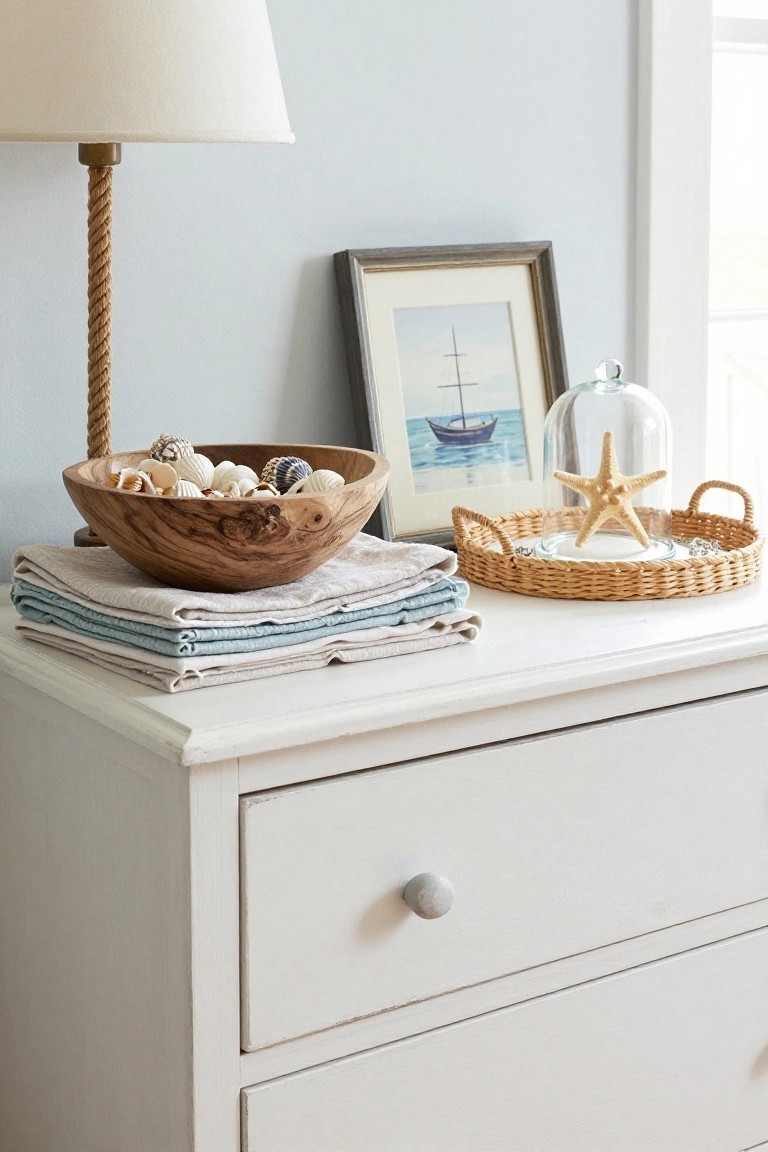 White dresser with carved wooden bowl filled with seashells, stacked linen towels, glass-domed starfish on wicker tray, nautical boat painting, and rope-wrapped lamp against light blue wall.