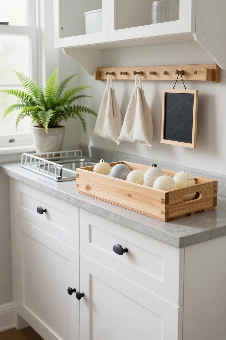 Kitchen countertop with a wooden crate filled with white and blue Christmas ornaments, a metal sink drainer, white cabinets, a potted fern, hanging cloth bags on wooden pegs, and a small chalkboard nearby.