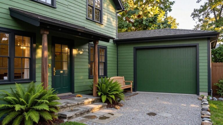 Green clapboard house exterior with dark green front door in wooden frame, brass knocker and mail slot, stone steps flanked by ferns, matching green garage door, gravel landscaping with rocks, and trees in background.