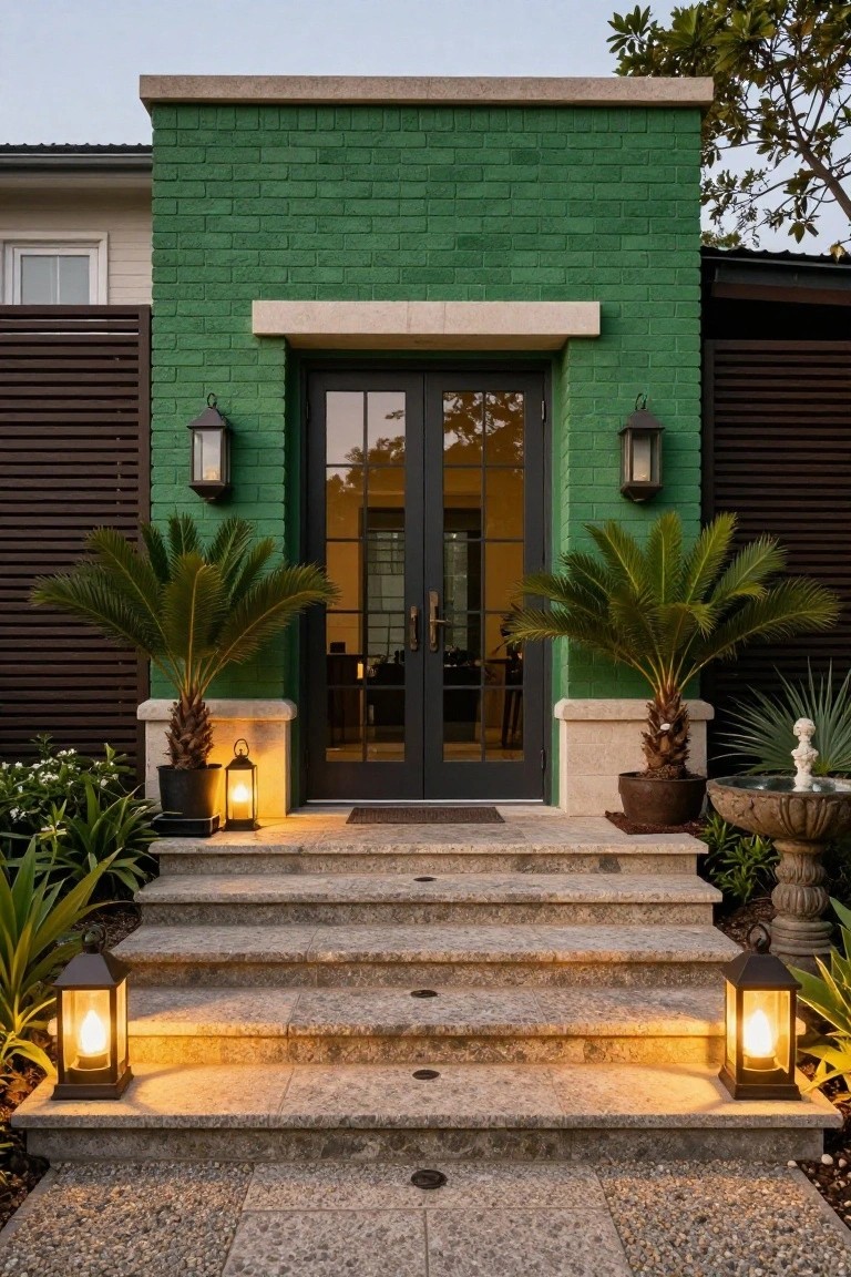 Green brick house exterior with double black-framed glass doors centered under a stone lintel, flanked by potted palm trees, wall lanterns, freestanding lanterns on stone steps, and a stone fountain nearby.