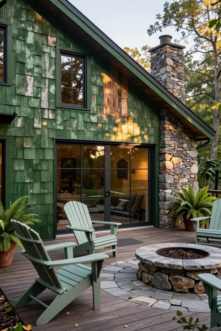 Green shingled wall of a house with black-framed windows and doors opening to a wooden deck that has Adirondack chairs arranged around a stone fire pit, stone chimney, potted ferns, and surrounding trees.