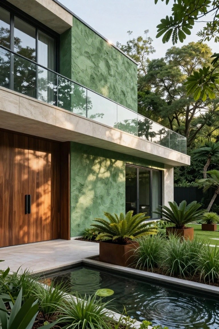 Modern two-story house exterior featuring a green textured wall, wooden double front doors, glass balcony railing above, stone accents, and a small rectangular pond with plants and lily pads in the foreground surrounded by tropical landscaping.
