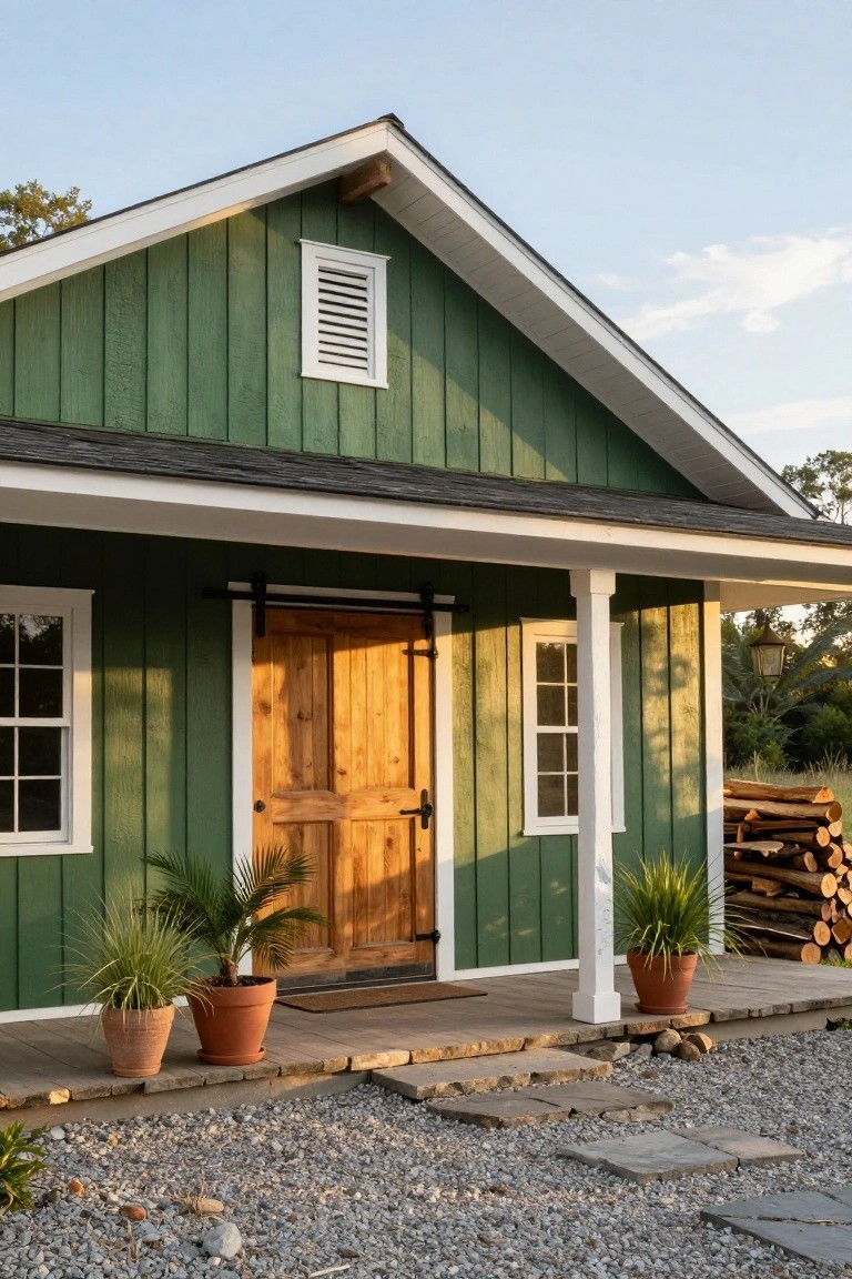 Green board-and-batten sided shed with gabled roof, white trim, sliding wooden barn door, small porch, potted plants, stack of firewood, and gravel yard surrounded by trees and grass.