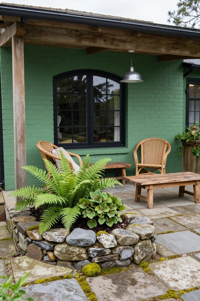 Green brick house wall with wooden covered porch, two rattan chairs with cushions, wooden side table and bench, stone planter with ferns and hostas, and slate tile patio.