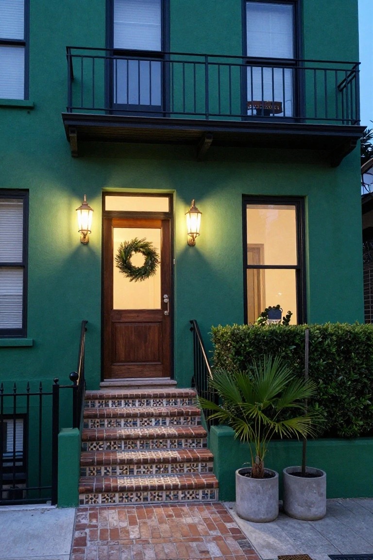 Two-story house painted vibrant green with black window frames, wooden front door decorated with evergreen wreath, flanked by lanterns, colorful tiled brick stairs, potted palms, hedges, and black railing at dusk.